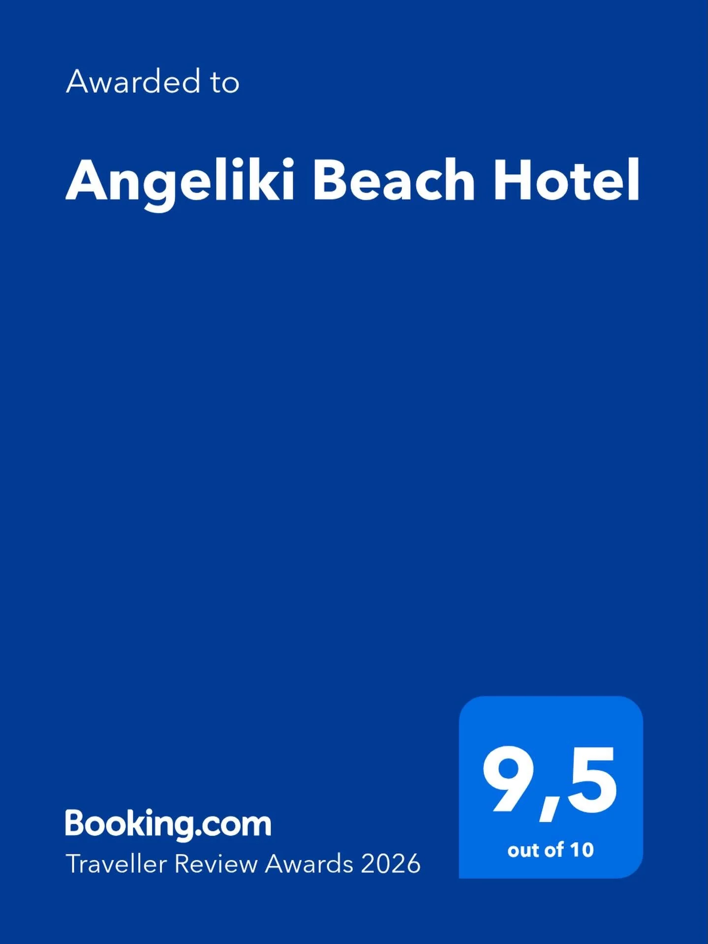 Angeliki Beach Hotel — Booking.com Traveller Review Awards 2026 — 9.5/10