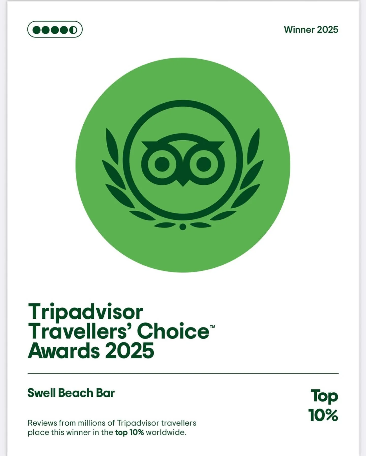 Swell Beach Bar — Tripadvisor Travellers’ Choice 2025 — Top 10%
